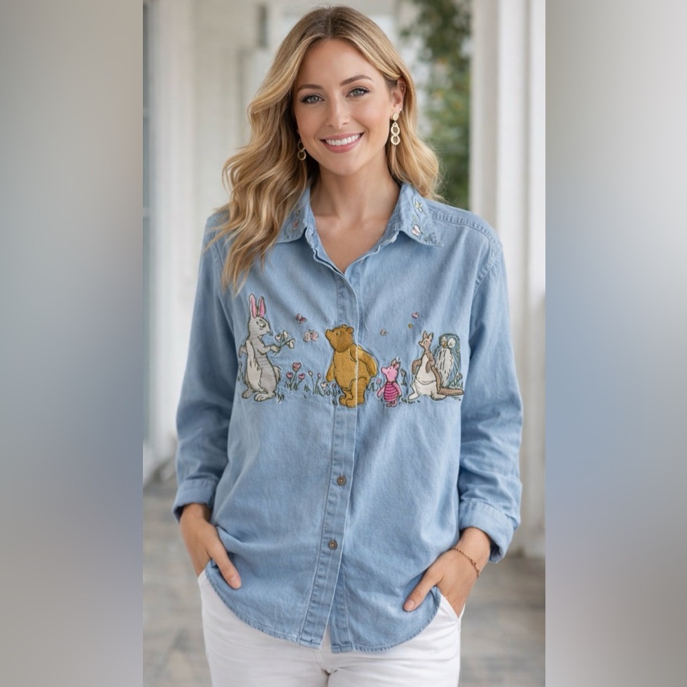 Vintage  Winnie The Pooh Denim Button-Up Shirt with Embroidered  Characters